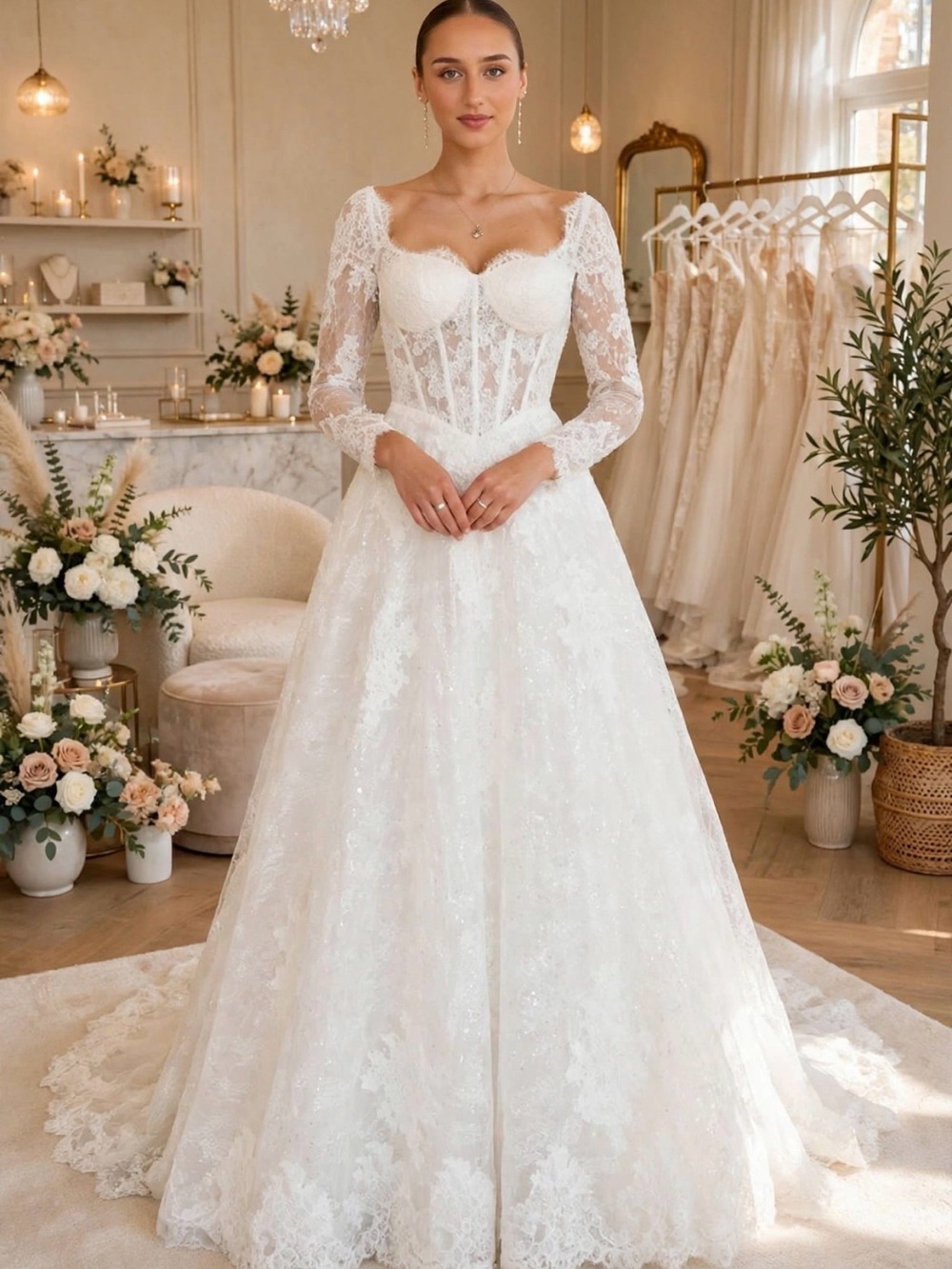 Lace Long-Sleeve Bridal Ball Gown Dress in White